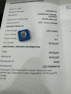 kaufen 2.09CT E VS1 3EX Rundgeschnittenes CVD Wachsender Diamant IGI-Zertifikat LG624443136 online manufacture