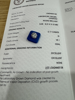 kaufen 2.17CT G VS1 3EX CVD Labor erstellt Diamant rund geschnitten IGI-Zertifikat LG624443138 online manufacture