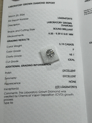 kaufen 3.19CT F VS1 3EX Laborgewachsener CVD Diamant rund geschnitten IGI-Zertifikat LG626472973 online manufacture