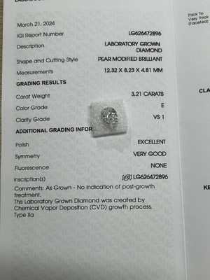 kaufen 3.21CT E VS1 EX VG CVD Laborgewachsener Diamantbirne Brillantschnitt IGI zertifiziert online manufacture