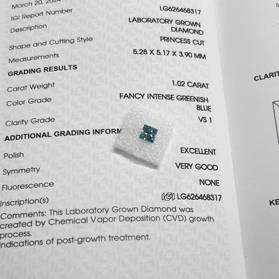 kaufen 1.02CT Fancy Intensive Grünblau VS1 EX VG CVD Labor erwachsener Diamant Prinzessin Schnitt IGI zertifiziert online manufacture