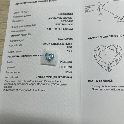 kaufen 3.26ct CVD Herzförmig Labor Diamant Fancy Intensiv Grünblau VS2 2EX N online manufacture