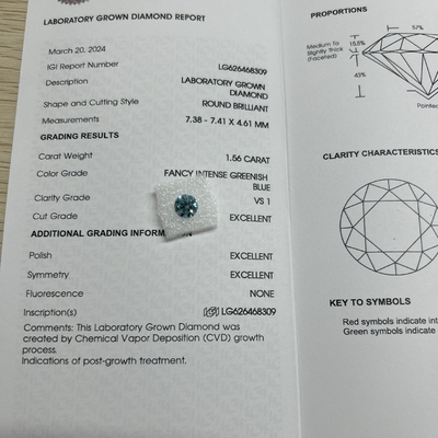 kaufen 1.56ct Fancy Intensive Grünblau Laborgewachsener Diamant Rundgeschnittener CVD FVS1 3EX N IGI online manufacture
