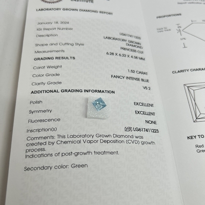 1.52CT Fancy Intense Blau VS2 2EX CVD Labor Erwachsener Diamant Prinzessin Form OEM ODM