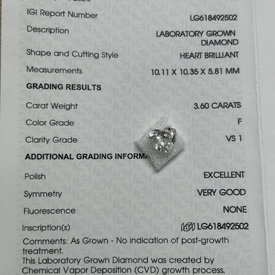 3.6ct Laborgemachte Diamanten Herz Brillant Schnitt CVD F VS1 2EX N IGI LG618492502
