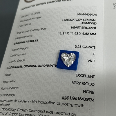 5.23ct Erwachsene Brillanz Diamanten Herz Schnitt CVD E Farbe VS1 Klarheit 2EX N IGI